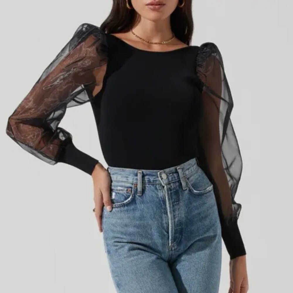 NWT ASTR Semisheer Organza Sleeve Black Chic Bodysuit